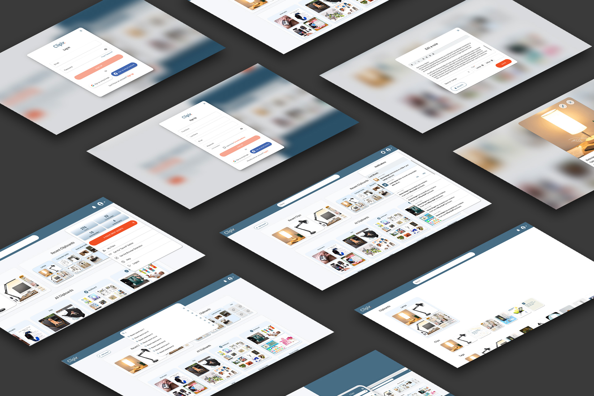 Collage of various screens showcasing the redesigned Clipix user interface, highlighting the modern, clean layout and intuitive design elements for an improved user experience.