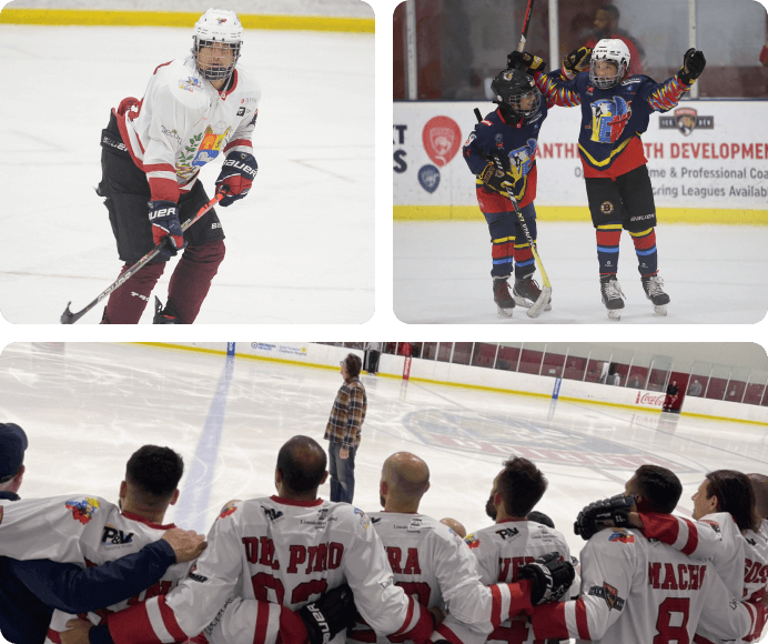 Collage with images of venezuelan ice hockey players, playing ice hockey