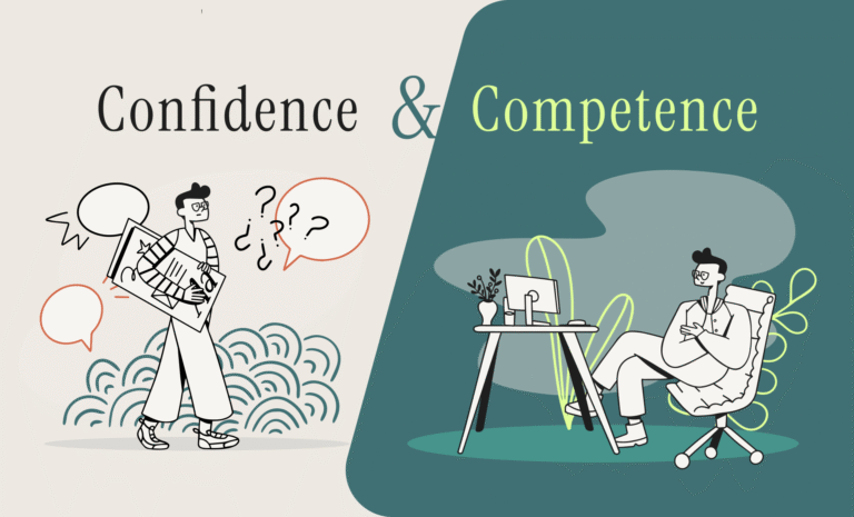 Illustration comparing confidence and competence, showing a confused person with question marks on the left and a relaxed person working confidently at a desk on the right.